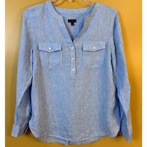 Talbots Blue Linen‎ Roll Tab Sleeve Blouse - Size Small